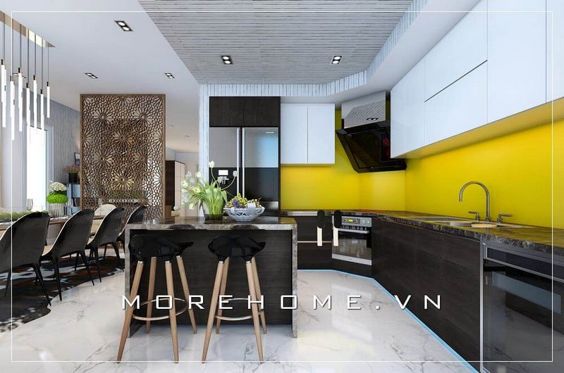Mẫu bàn đảo bếp gỗ công nghiệp hiện đại, mặt bàn ốp đá cao cấp mang đến sự tiện nghi và sạch sẽ cho người nội trợ